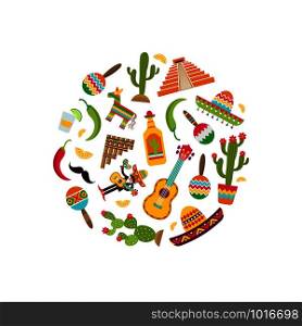 Vector flat Mexico attributes in circle shape illustration. Musician mexican tequila and chili isolated on white. Vector flat Mexico attributes in circle shape illustration