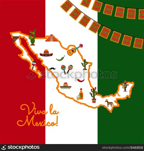 Vector flat Mexico attributes on map on mexican flag with garlands concept illustration. Vector flat Mexico attributes on map mexican flag