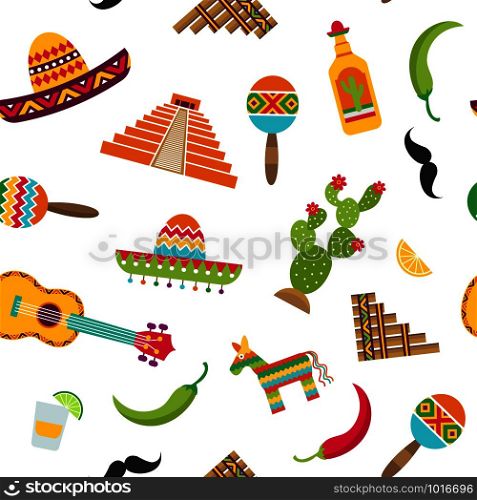 Vector flat Mexico attributes pattern or background illustration. Illustration of maracas and drink tasty, hot pepper chili and pyramid. Vector flat Mexico attributes pattern or background illustration