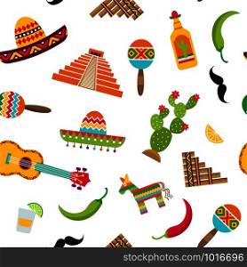 Vector flat Mexico attributes pattern or background illustration. Illustration of maracas and drink tasty, hot pepper chili and pyramid. Vector flat Mexico attributes pattern or background illustration