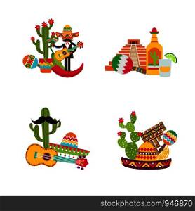 Vector flat Mexico attributes piles set isolated on white background illustration. Vector flat Mexico set isolated on white background