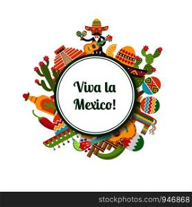 Vector flat Mexico attributes under circle with place for text illustration. Vector flat Mexico attributes circle with place for text illustration
