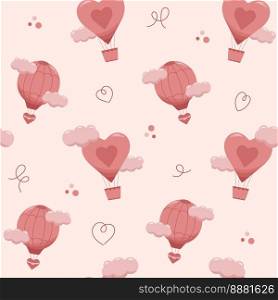 Vector flat seamless pattern of air balloons in pastel pink colors with clouds. Romantic cute baby print. Little princess design. Pink wallpaper for baby girl.. Vector flat seamless pattern of air balloons in pastel pink colors with clouds. Romantic cute baby print. Little princess design. Pink wallpaper for baby girl