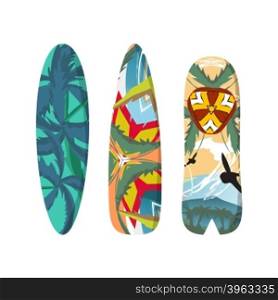 Vector flat set surfboards isolated on white background. Surfboards abstract bright pattern. Surfboards set. Surfboards collection