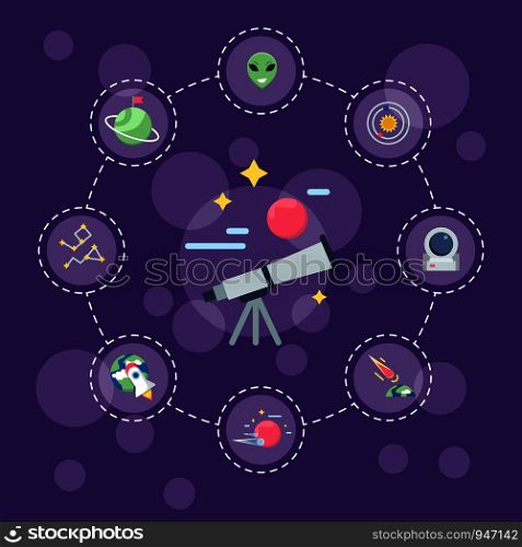 Vector flat space icons info graphic concept illustration. Space travel concept. Vector flat space icons infographic concept illustration