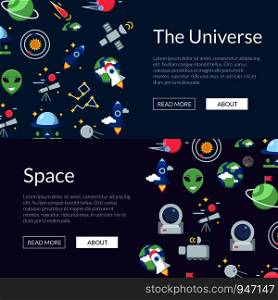 Vector flat space icons web banner templates illustration. Poster with planet and rockets. Vector flat space icons web banner templates illustration