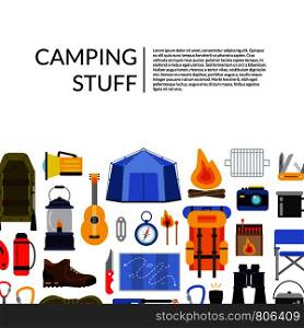 Vector flat style camping elements background illustration with place for text. Vector flat style camping elements background illustration