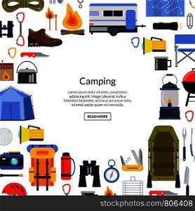 Vector flat style camping elements background illustration with place for text in center. Vector flat style camping elements background illustration