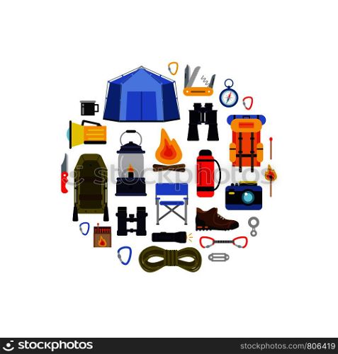 Vector flat style camping elements gathered in circle illustration. Outdoor backpack, tourism and camp, knife and campfire, binoculars and compass. Vector flat style camping elements gathered in circle illustration