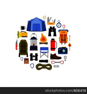 Vector flat style camping elements gathered in circle illustration. Outdoor backpack, tourism and camp, knife and campfire, binoculars and compass. Vector flat style camping elements gathered in circle illustration