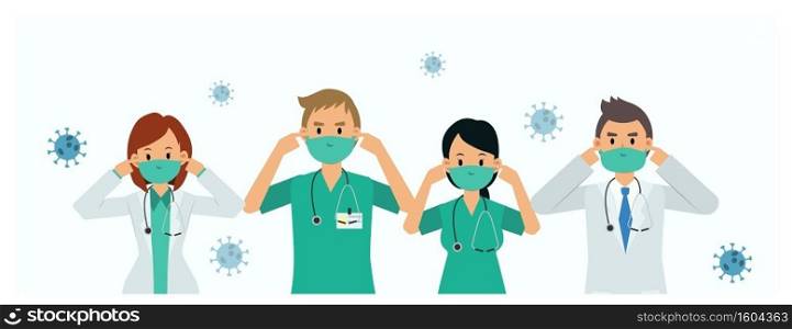 Vector flat style cartoon character of a team of doctor, medical staff are wearing medical masks to prevent disease, flu,Covid-19, virus.