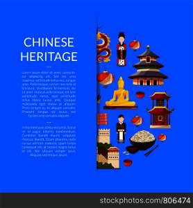 Vector flat style china elements and sights hidden in vertical pocket with shadow and place for text illustration. Vector flat style china elements and sights