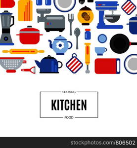 Vector flat style colored kitchen utensils background illustration with place for text. Vector flat style kitchen utensils background illustration