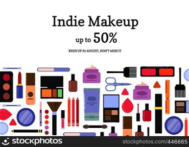 Vector flat style different makeup and skincare sale background illustration. Vector flat style makeup and skincare sale background
