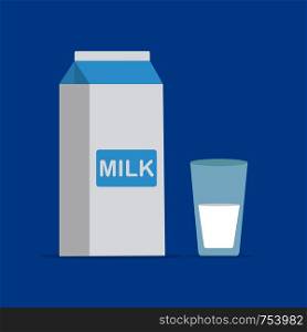 Vector flat style illustration of milk packing and a glass of milk on blue background. Icon for web. Vector stock illustration.