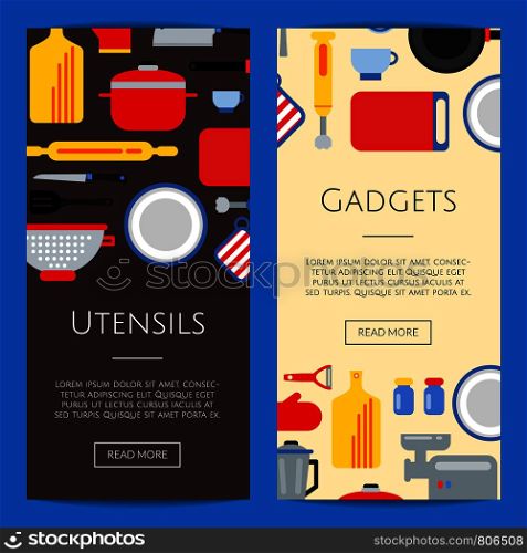 Vector flat style kitchen utensils vertical web banners or poster illustration. Vector flat style kitchen utensils banners illustration