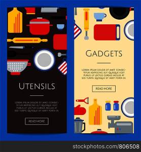 Vector flat style kitchen utensils vertical web banners or poster illustration. Vector flat style kitchen utensils banners illustration