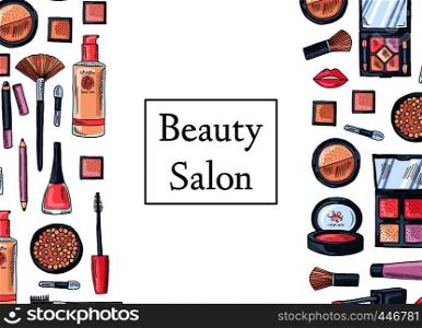 Vector flat style makeup and skincare background with place for text illustration. Vector hand drawn makeup products background