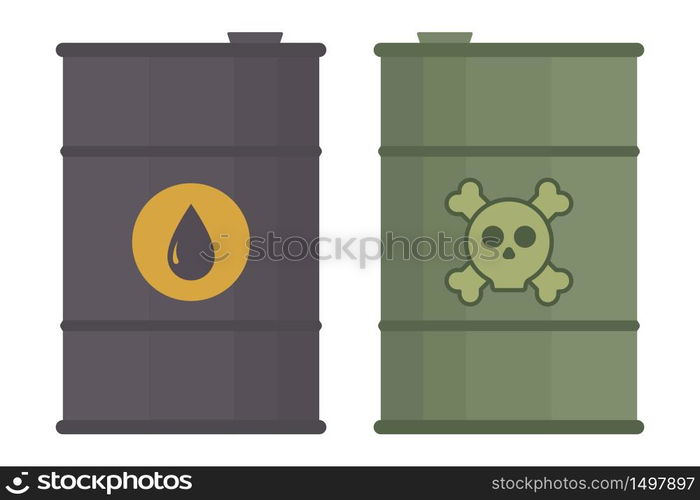 Vector flat style steel barrel of oil drop and skull and bones icons. Crossbones sign. Hazardous industrial waste in the container. Radiation and toxicity. Hazard danger symbol for infographics