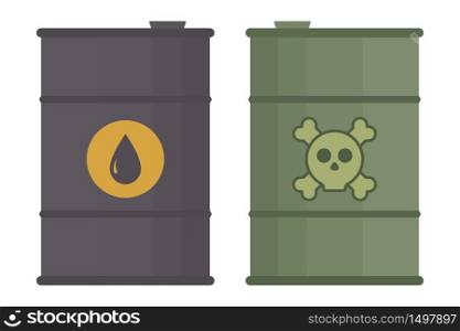 Vector flat style steel barrel of oil drop and skull and bones icons. Crossbones sign. Hazardous industrial waste in the container. Radiation and toxicity. Hazard danger symbol for infographics
