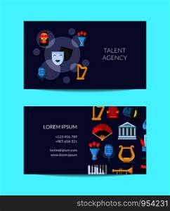 Vector flat theatre icons business card template for talent agency or actor classes illustration. Vector flat theatre icons business card with theatrical pattern