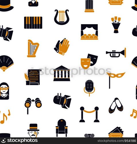 Vector flat theatre icons seamless pattern on white background illustration. Vector flat theatre icons pattern or background illustration