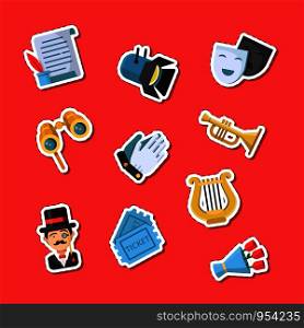 Vector flat theatre icons stickers set illustration isolated on red background. Vector flat theatre icons stickers set illustration