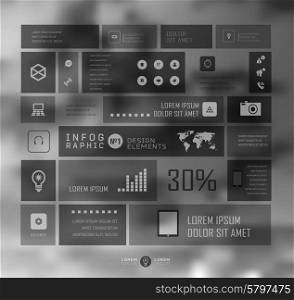 Vector flat transparent Web, mobile Elements, icons. Buttons and Labels, blur background