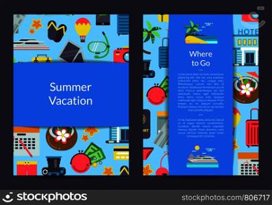 Vector flat travel elements card, flyer or brochure template for travel agency or equipment shop illustration. Vector flat travel elements card, flyer or brochure template for travel agency