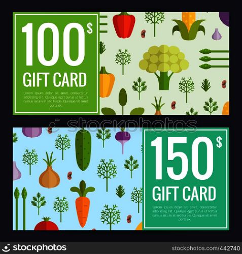 Vector flat vegetables vegan shopping voucher templates. Gift card illustration. Vector flat vegetables vegan shopping voucher templates