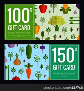 Vector flat vegetables vegan shopping voucher templates. Gift card illustration. Vector flat vegetables vegan shopping voucher templates