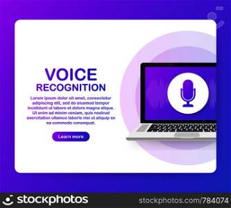 Vector flat voice recognition illustration. Landing page design. Laptop screen with sound waves and microphone dynamic icon. Vector stock illustration.
