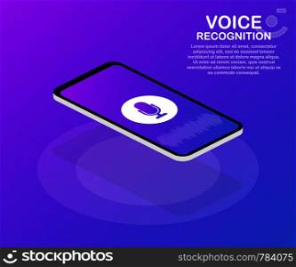 Vector flat voice recognition illustration. Landing page design. Smartphone screen with sound waves and microphone dynamic icon. Vector stock illustration.