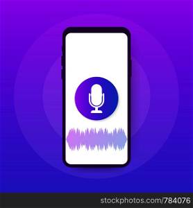 Vector flat voice recognition illustration. Landing page design. Smartphone screen with sound waves and microphone dynamic icon. Vector stock illustration.