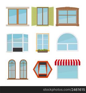 Vector flat window set. Glass design elemen icon, architecture construction, exterior and frame. Vector flat window set