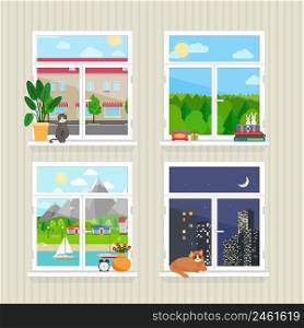 Vector flat windows with landscape. Town and skyscraper, forest and cat, day and night. Vector flat windows with landscape