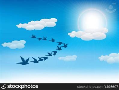 vector flock of birds with summer background