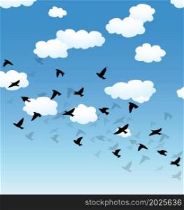 vector flock of flying birds and clouds in the sky