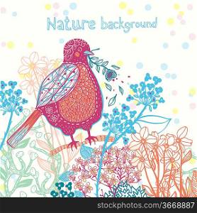 vector floral background with a funny pink bird