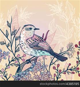 vector floral background with a hand drawn bird and blooming plants