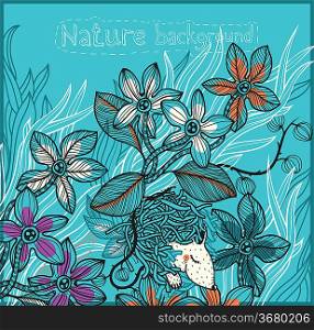 vector floral background with blooming flowers and a cute little animal