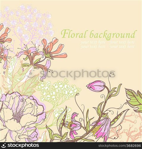vector floral background with blooming flowers and plants