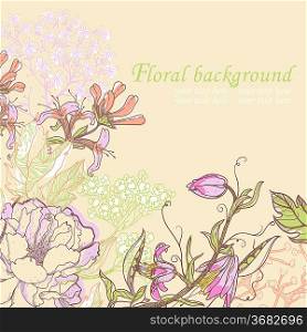 vector floral background with blooming flowers and plants