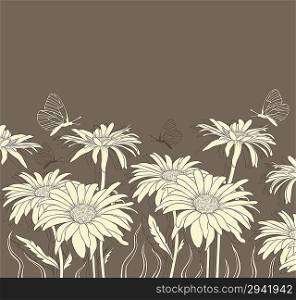 Vector floral background with chamomile and butterflies