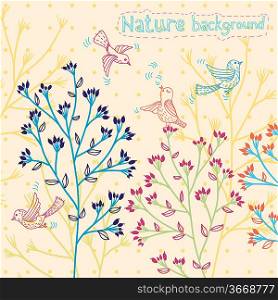 vector floral background with decorative herbs and birds