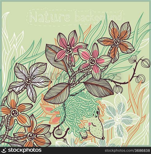 vector floral background with fantasy plants and a cute sleeping animal