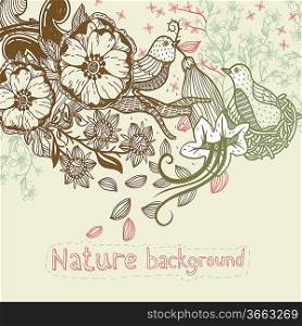 vector floral background with hand drawn flowers and birds