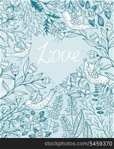 vector floral background with hand drawn flowers and birds