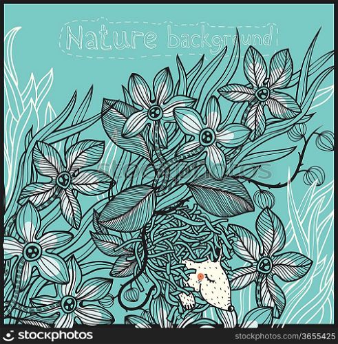 vector floral background with hand drawn plants and a little sleeping animal