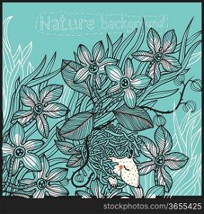 vector floral background with hand drawn plants and a little sleeping animal